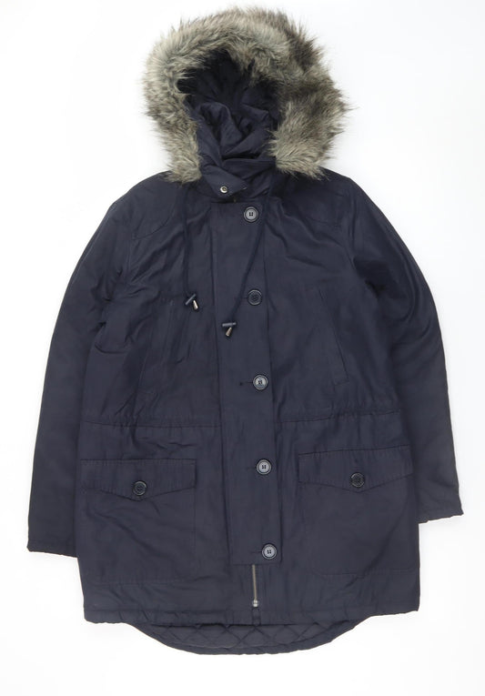 Great Plains Women's Blue Hooded Parka Coat M Faux Fur Trim Winter