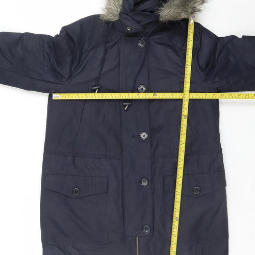 Great Plains Women's Blue Hooded Parka Coat M Faux Fur Trim Winter