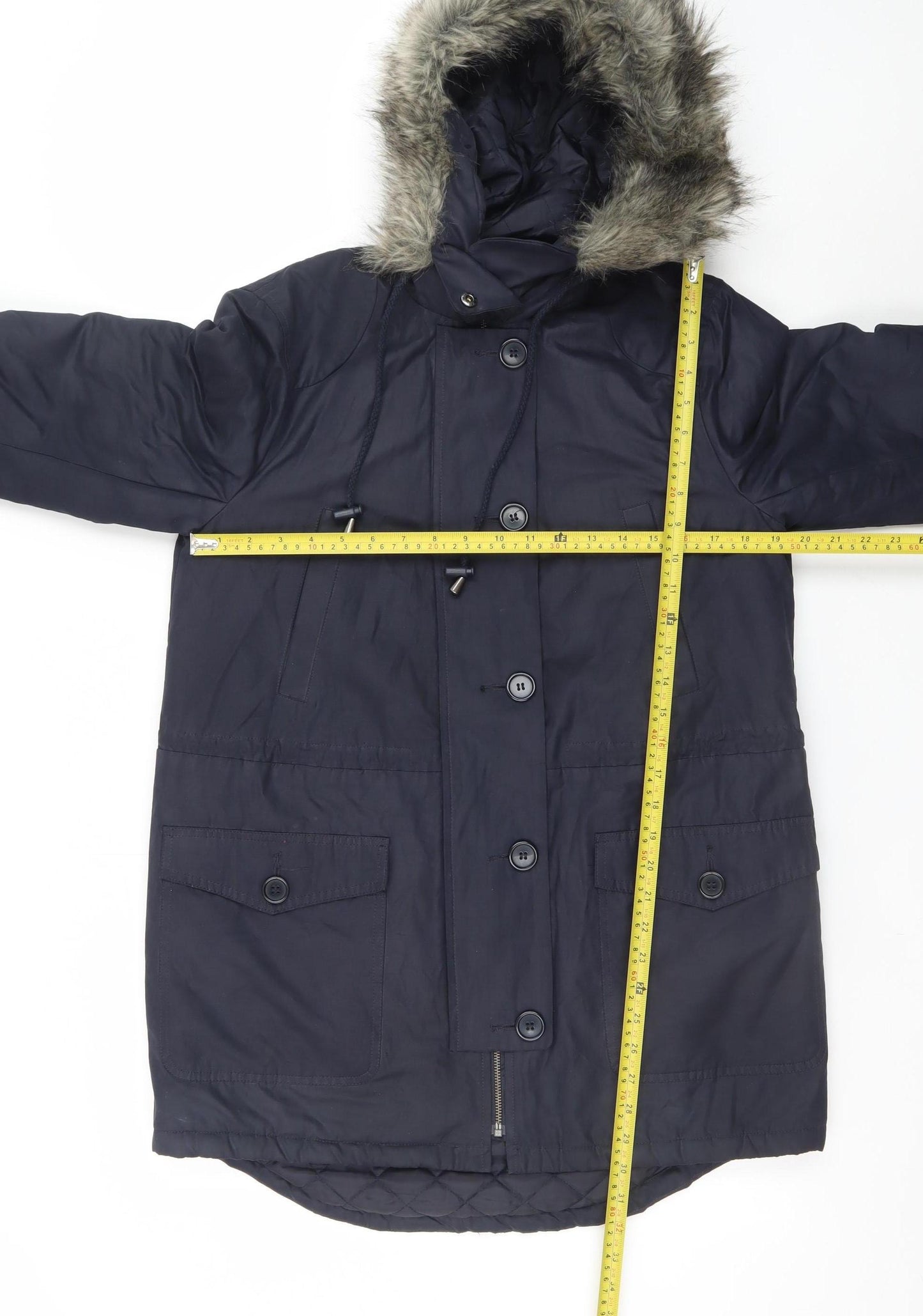Great Plains Women's Blue Hooded Parka Coat M Faux Fur Trim Winter