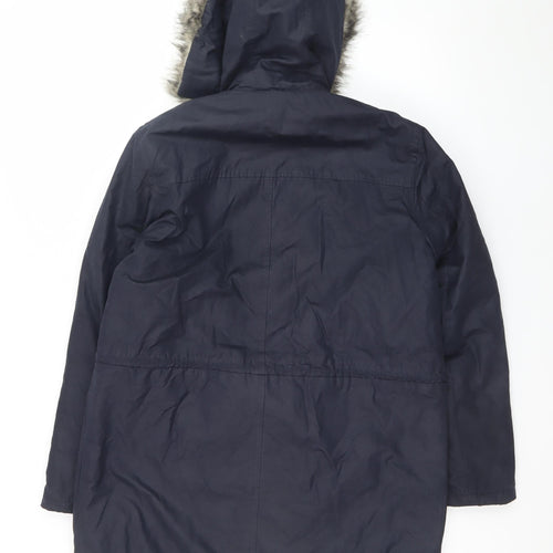 Great Plains Women's Blue Hooded Parka Coat M Faux Fur Trim Winter