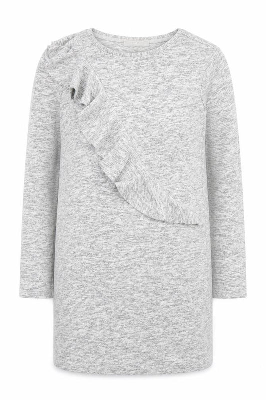 Front view of Next Women’s Grey Knit Shift Dress, size UK 14, Long Sleeve Ruffle Detail