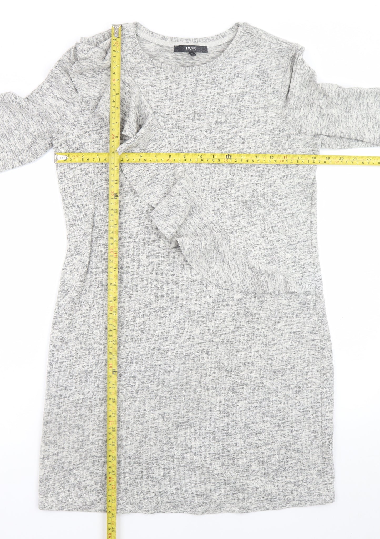 Next Women’s Grey Knit Shift Dress Size 14 Long Sleeve Ruffle Detail