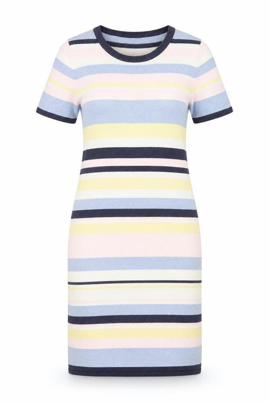 Front view of Seraphine Women’s Multicoloured Striped Cotton Maternity T-Shirt Dress, size S