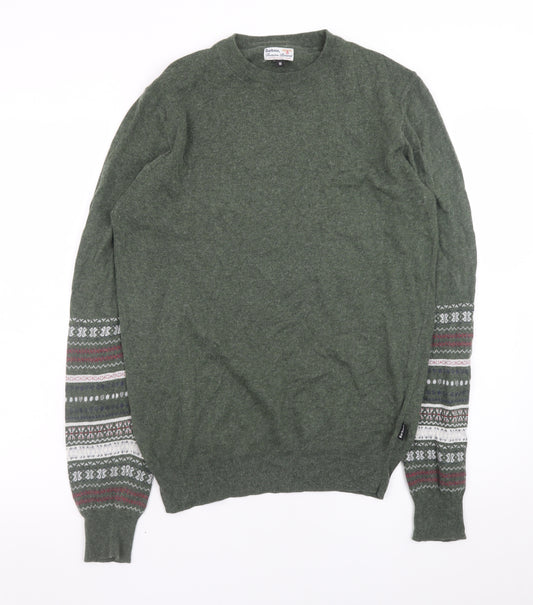 Barbour Mens Green Wool Fair Isle Crew Neck Jumper Size M