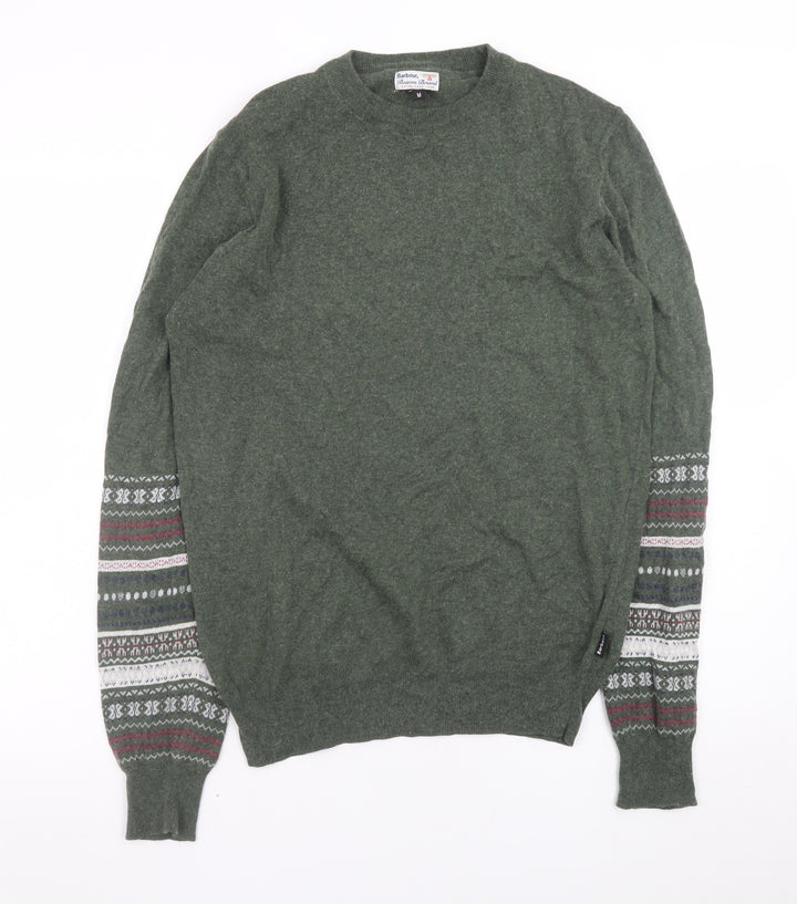Barbour Mens Green Wool Fair Isle Crew Neck Jumper Size M