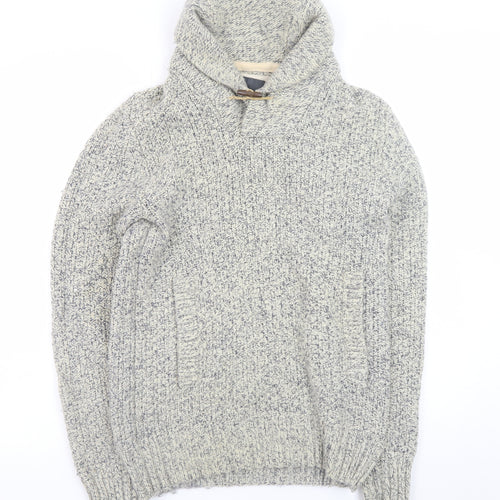 H&M L.O.G.G. Mens Grey Chunky Knit Hooded Wool Pullover Jumper Size S