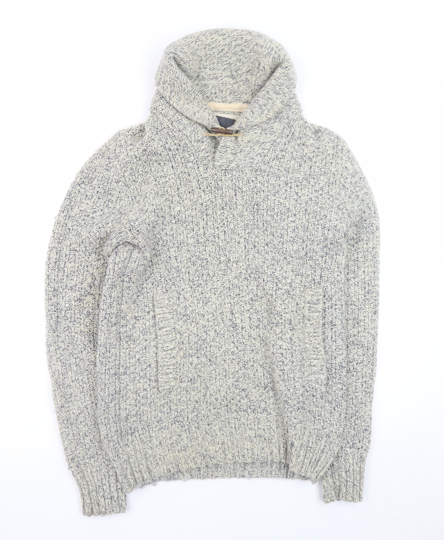 H&M L.O.G.G. Mens Grey Chunky Knit Hooded Wool Pullover Jumper Size S