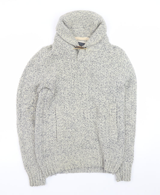 H&M L.O.G.G. Mens Grey Chunky Knit Hooded Wool Pullover Jumper Size S