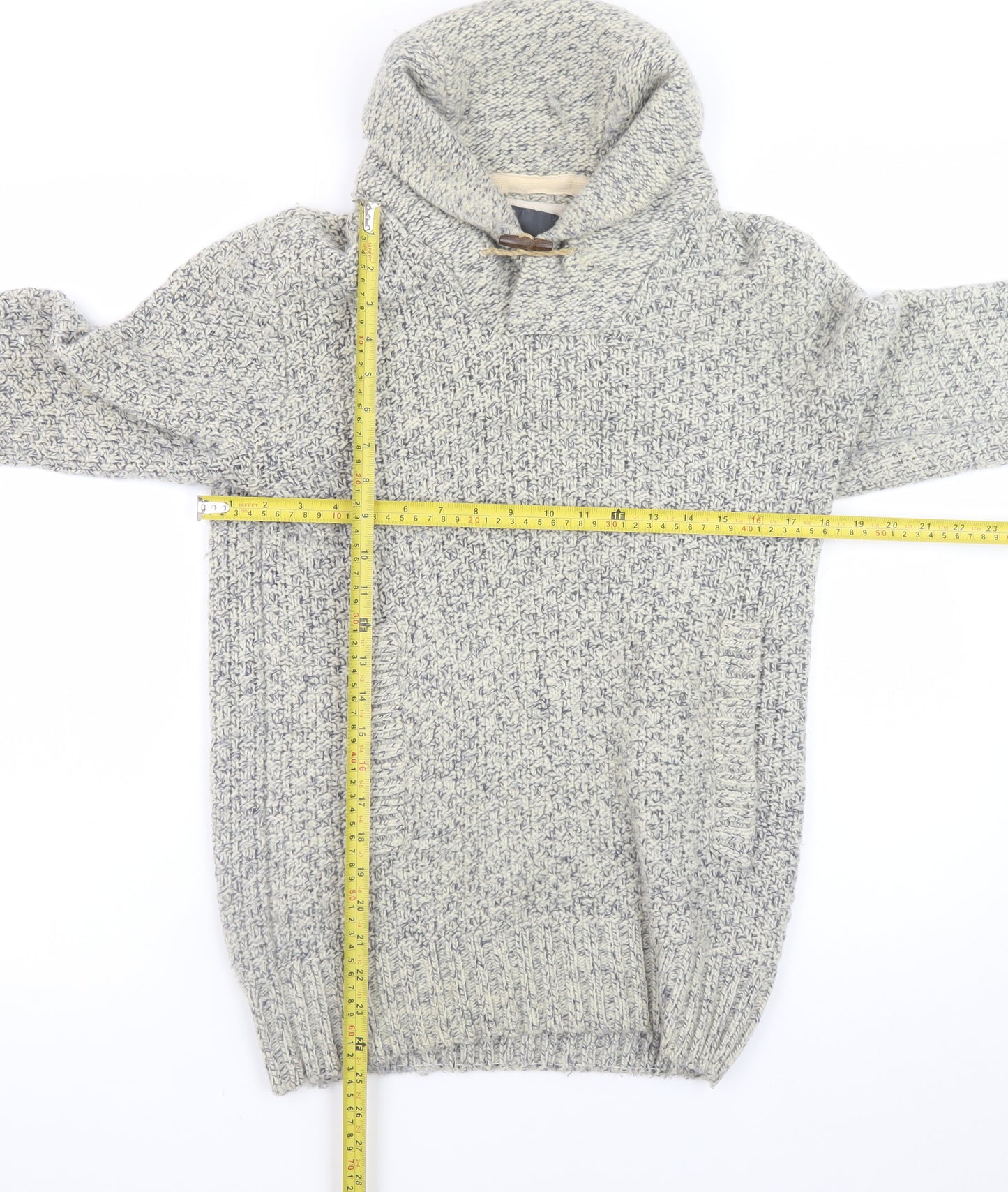 H&M L.O.G.G. Mens Grey Chunky Knit Hooded Wool Pullover Jumper Size S