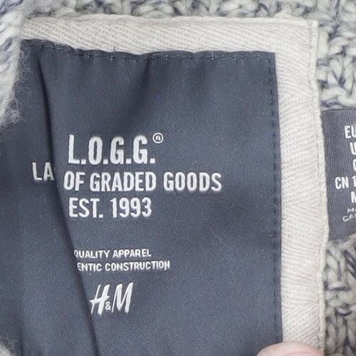 H&M L.O.G.G. Mens Grey Chunky Knit Hooded Wool Pullover Jumper Size S