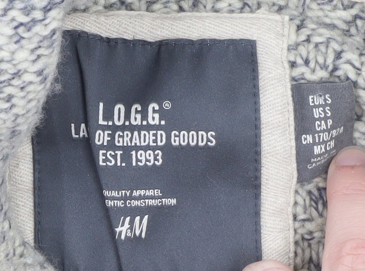 H&M L.O.G.G. Mens Grey Chunky Knit Hooded Wool Pullover Jumper Size S