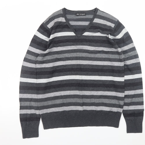 Marks and Spencer Men’s Grey Striped V-Neck Pullover Jumper Medium
