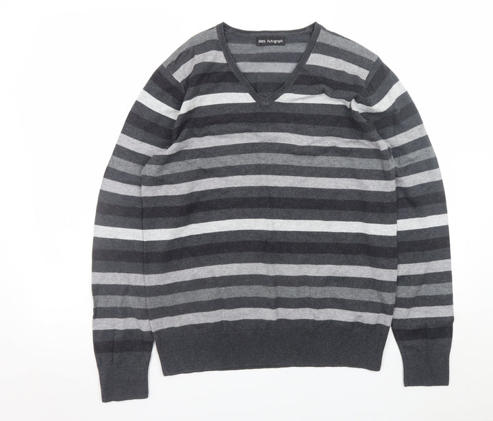 Marks and Spencer Men’s Grey Striped V-Neck Pullover Jumper Medium