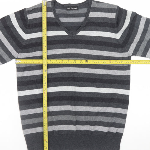 Marks and Spencer Men’s Grey Striped V-Neck Pullover Jumper Medium