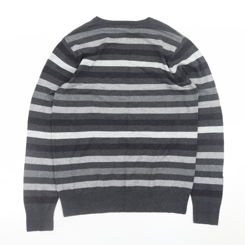 Marks and Spencer Men’s Grey Striped V-Neck Pullover Jumper Medium
