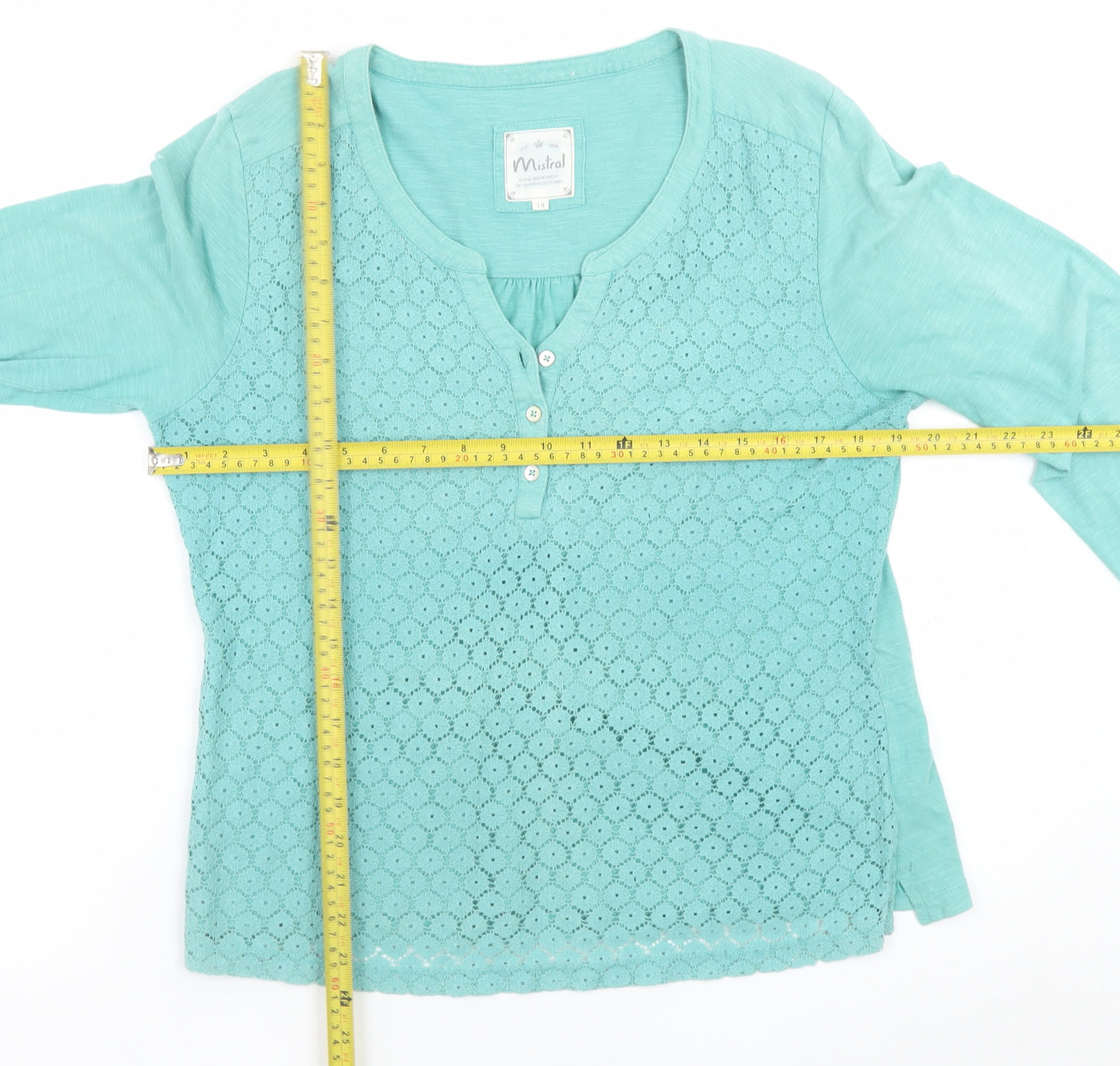Mistral Women's Green Cotton Lace Henley Tunic Blouse Size 14