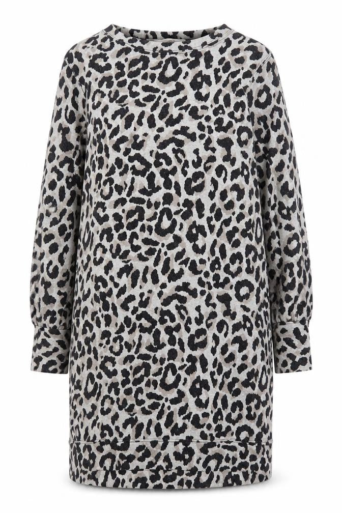 Front view of Oasis Women’s Grey Leopard Print Knit Shift Dress, size S