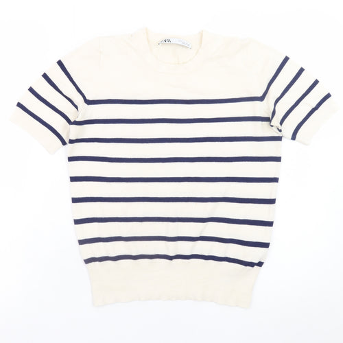 Zara Women Ivory Navy Striped Short Sleeve Knit Jumper Size S