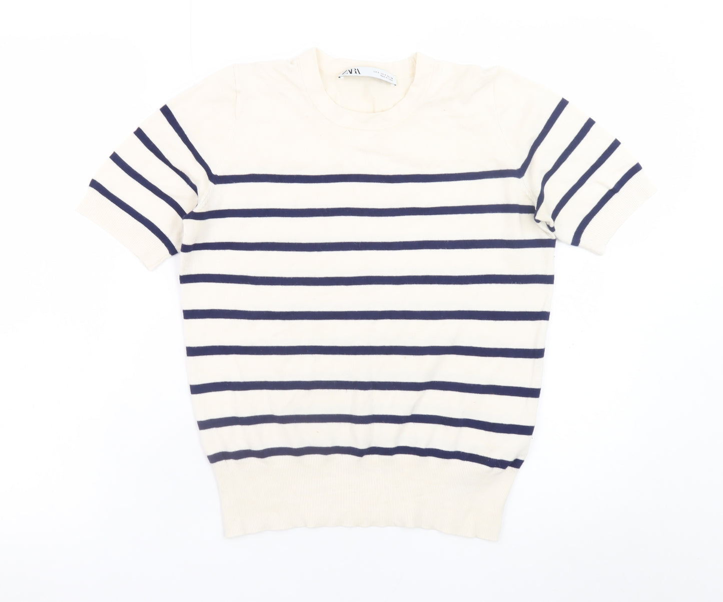 Zara Women Ivory Navy Striped Short Sleeve Knit Jumper Size S