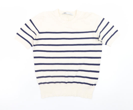 Zara Women Ivory Navy Striped Short Sleeve Knit Jumper Size S