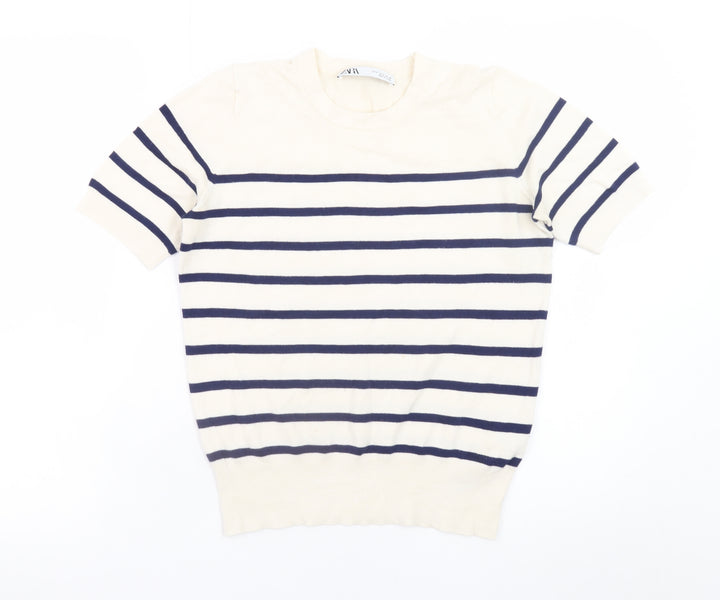 Zara Women Ivory Navy Striped Short Sleeve Knit Jumper Size S