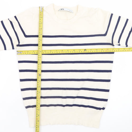 Zara Women Ivory Navy Striped Short Sleeve Knit Jumper Size S