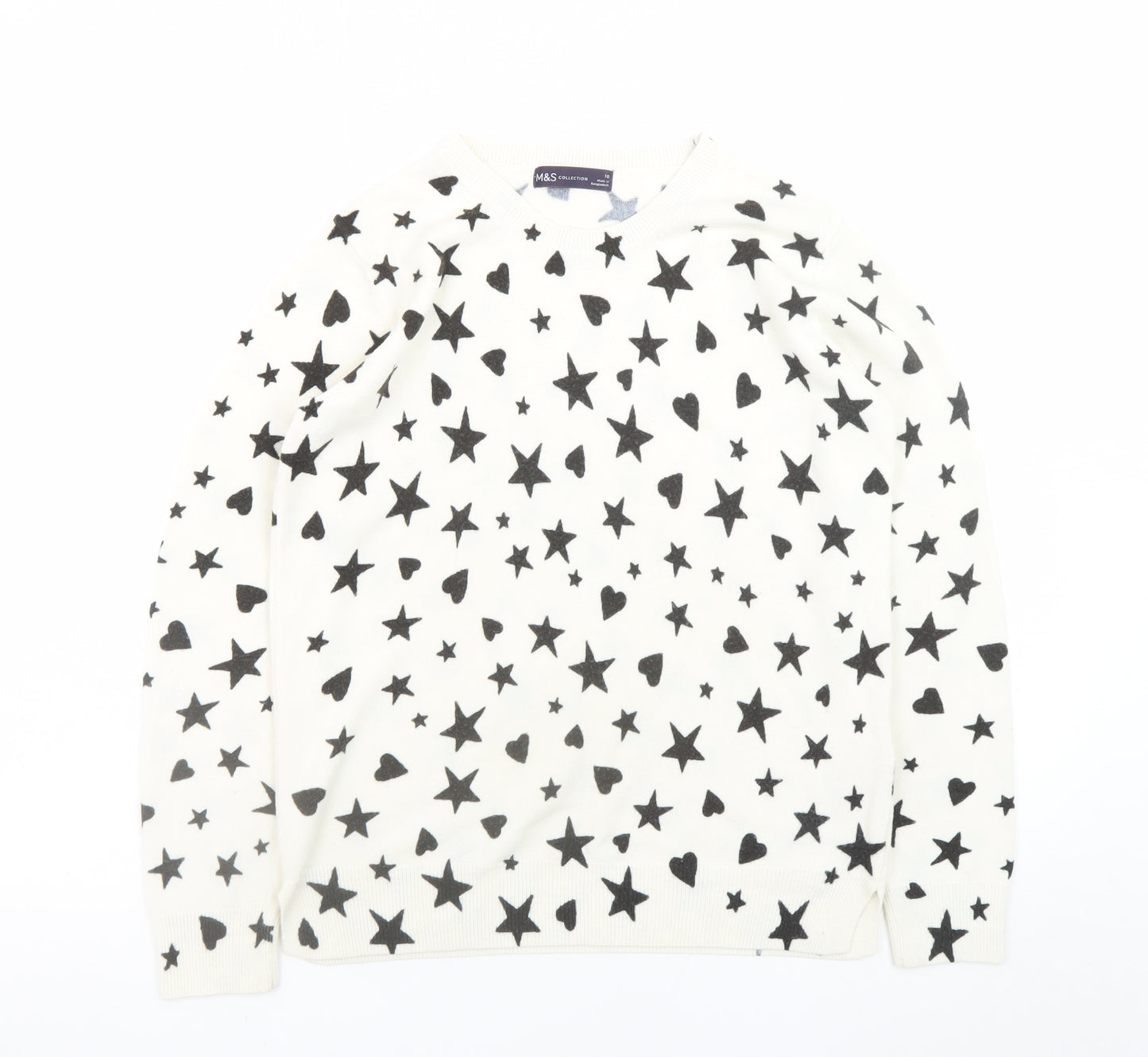 Marks and Spencer Womens White Star Heart V-Neck Knit Jumper Size 10