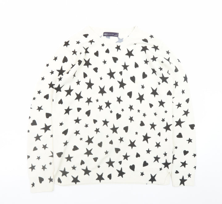 Marks and Spencer Womens White Star Heart V-Neck Knit Jumper Size 10