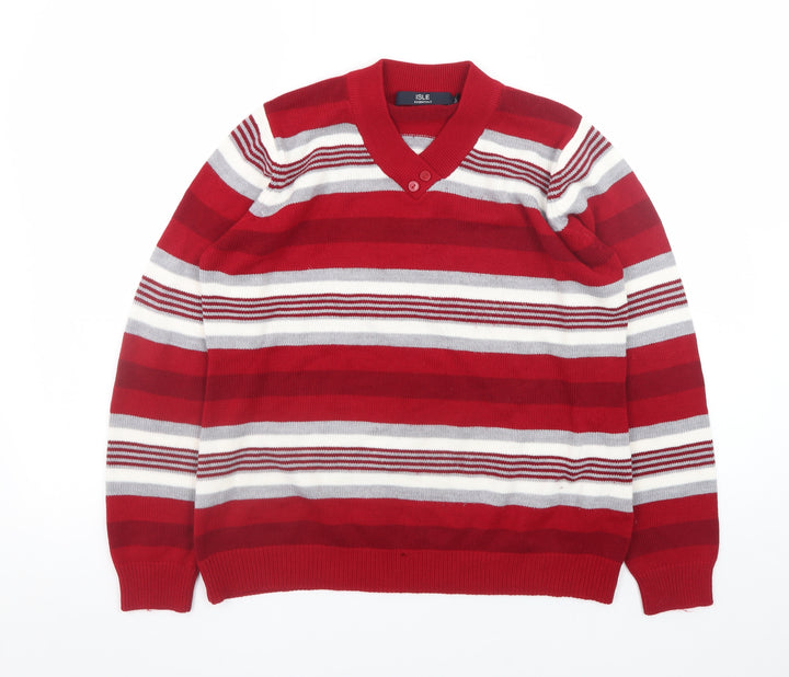 ISLE Essentials Women Red Striped V-Neck Pullover Jumper Size 14