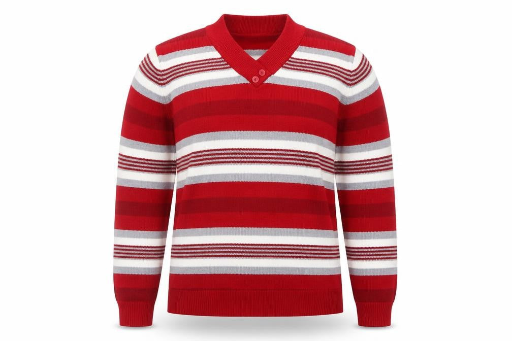Front view of ISLE Essentials Women Red Striped V-Neck jumper, size 14