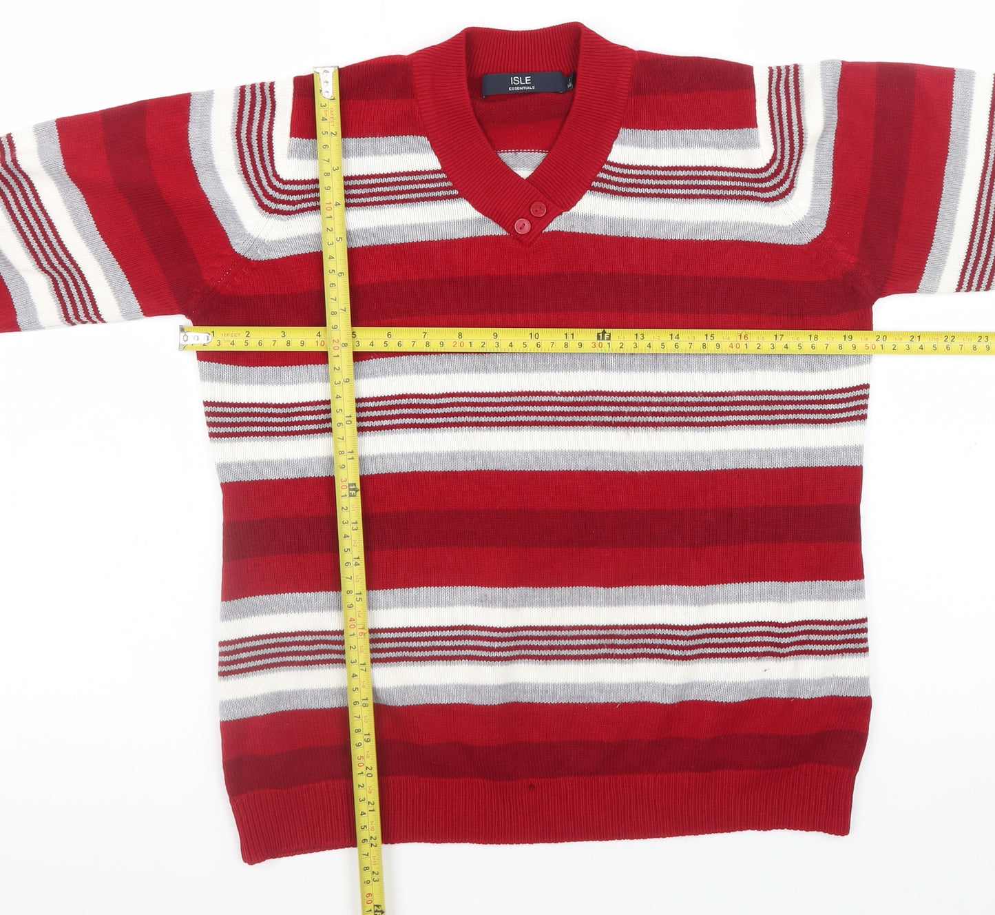 ISLE Essentials Women Red Striped V-Neck Pullover Jumper Size 14