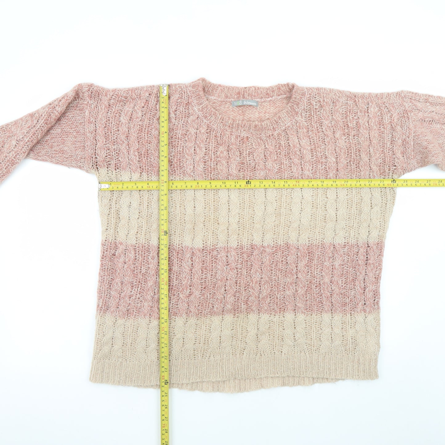 Marks and Spencer Women Pink Striped Cable-Knit Jumper UK 14