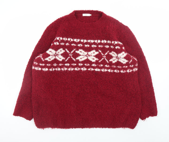 Cotton Traders Womens Red Fair Isle Chunky Knit Pullover Jumper Size 22