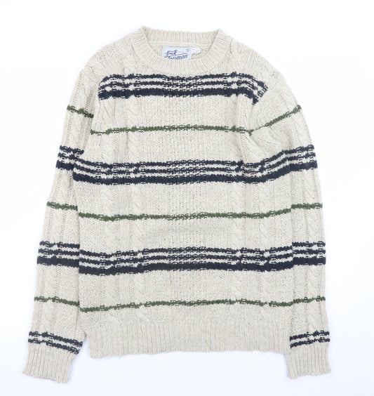 Topman Mens Beige Striped Cable-Knit Wool Blend Jumper S