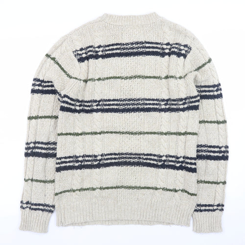 Topman Mens Beige Striped Cable-Knit Wool Blend Jumper S
