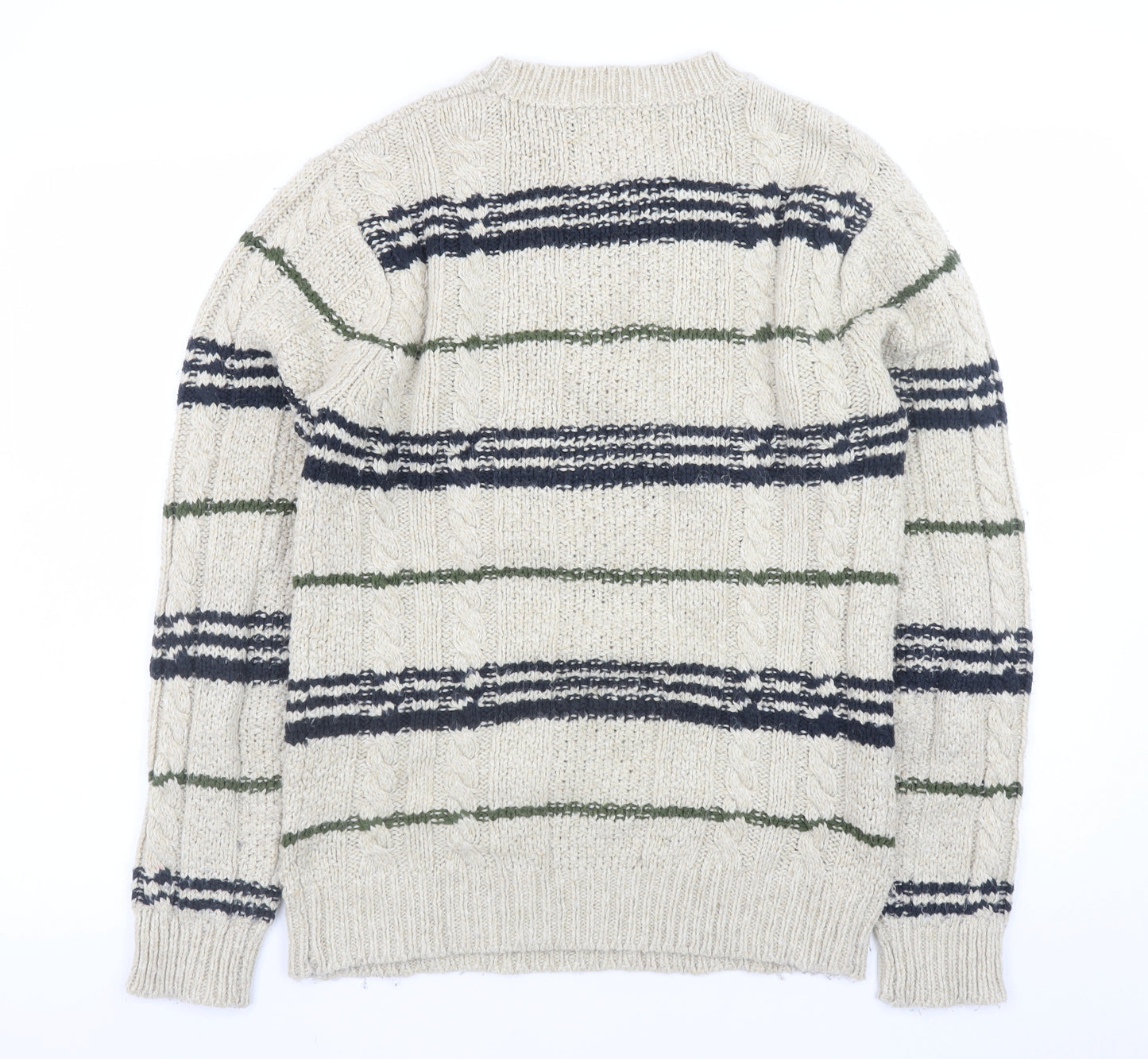 Topman Mens Beige Striped Cable-Knit Wool Blend Jumper S