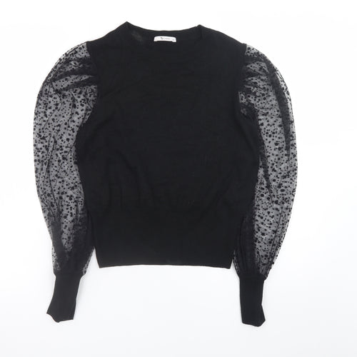 Tu Women Black Puff Sleeve Crew Neck Pullover Jumper Size 12