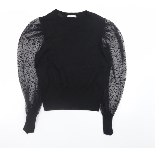 Tu Women Black Puff Sleeve Crew Neck Pullover Jumper Size 12