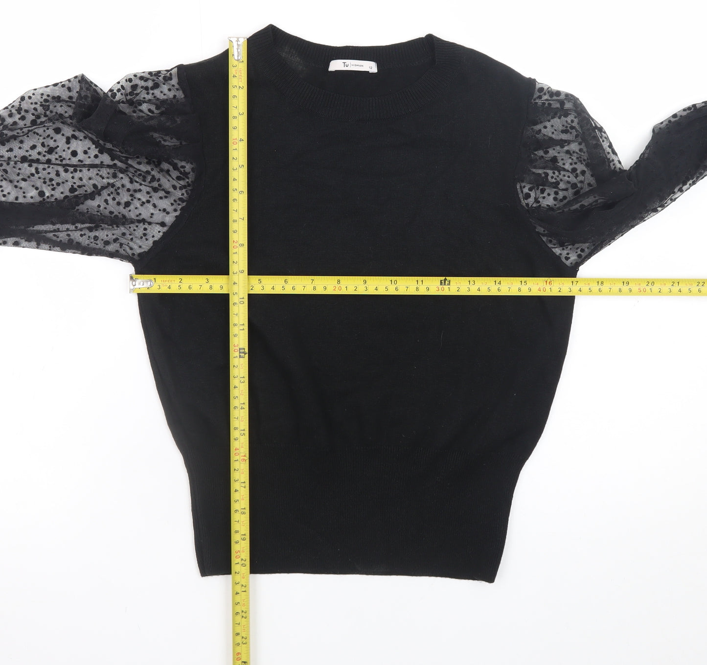 Tu Women Black Puff Sleeve Crew Neck Pullover Jumper Size 12