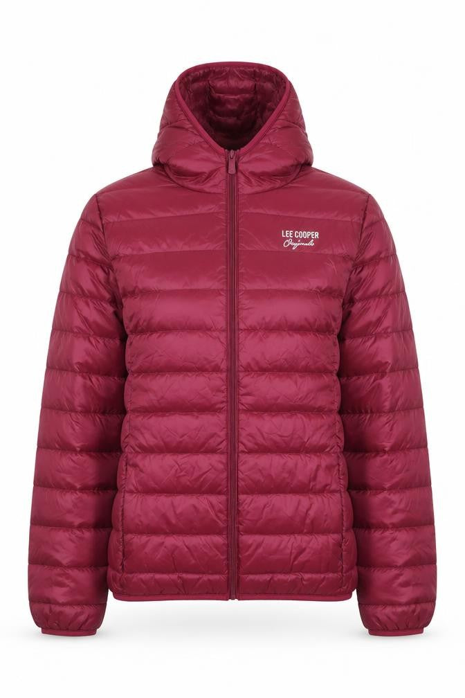 Front view of Lee Cooper women’s red hooded puffer jacket, size UK 12, regular fit