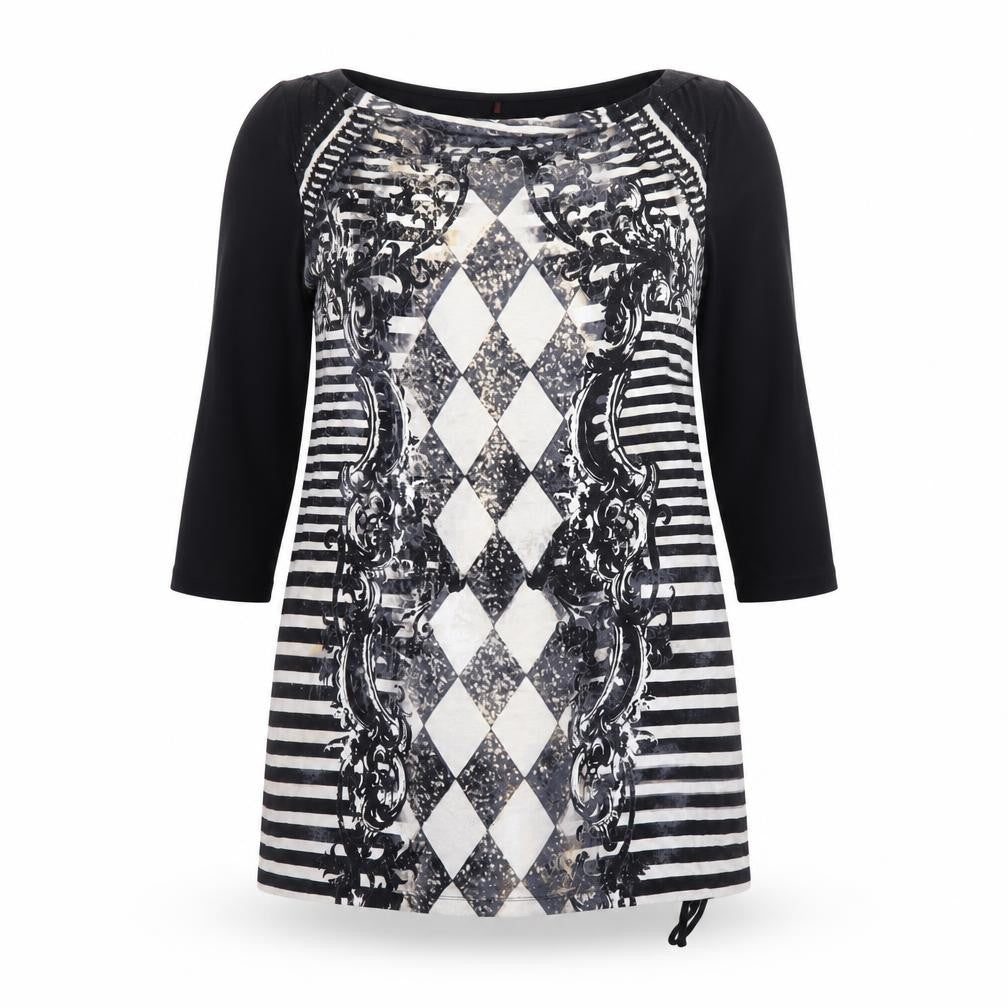 Front view of Olsen Women Black Argyle Shift Dress, size 16, 3/4 Sleeve Viscose