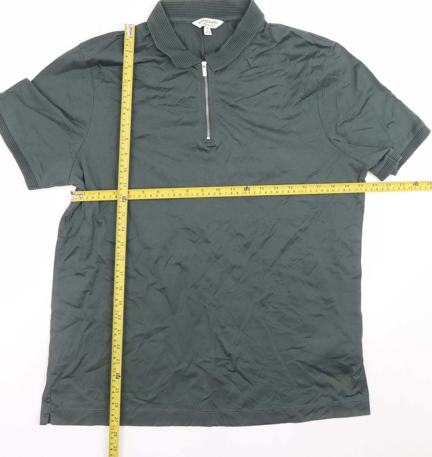 Marks and Spencer Autograph Men's Green XL Cotton Zip Neck T-Shirt
