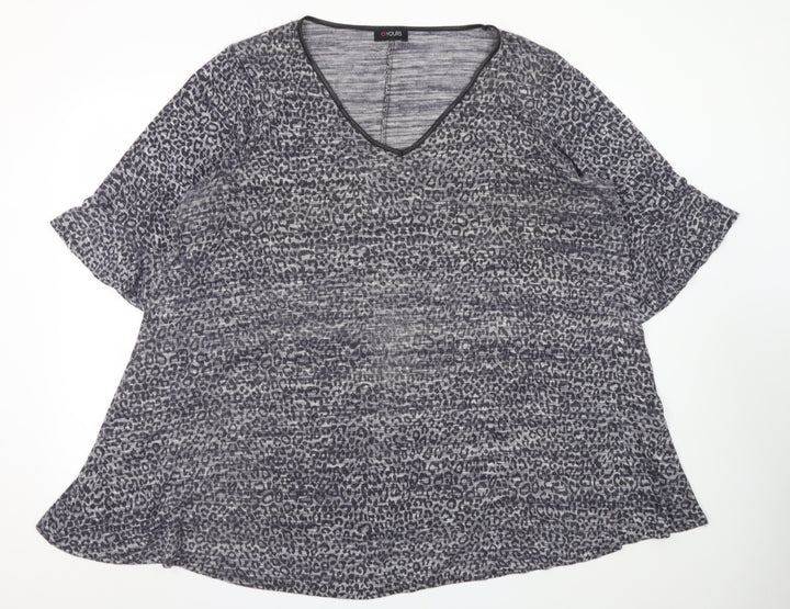 Yours Womens Grey Animal Print Viscose Blend Plus Size 22/24 V-Neck T-Shirt