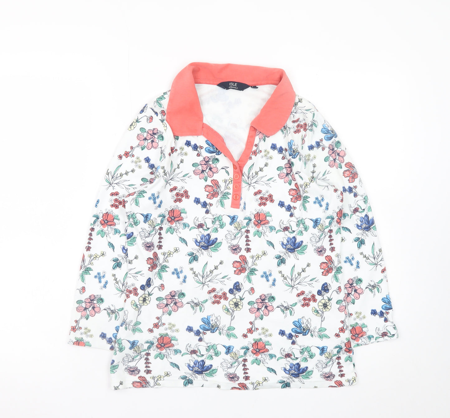 Isle Essentials Women's Multicoloured Floral Collared Long Sleeve Cotton Top Size S 10-12