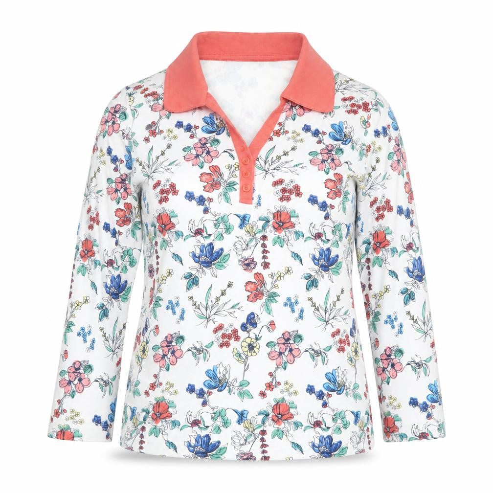 Front view of Isle Essentials Women's Multicoloured Floral Collared Long Sleeve Cotton Top, size S, 10-12