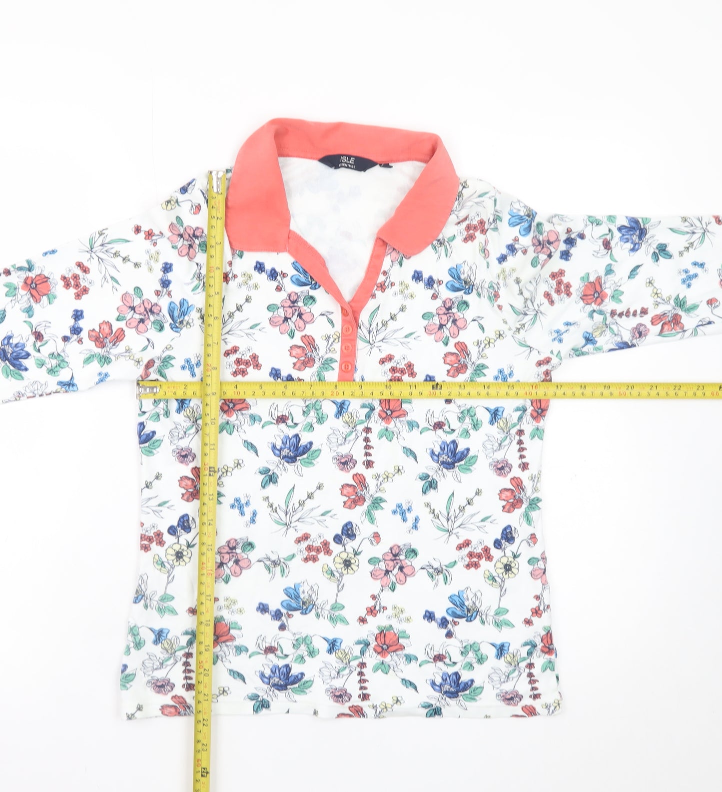 Isle Essentials Women's Multicoloured Floral Collared Long Sleeve Cotton Top Size S 10-12