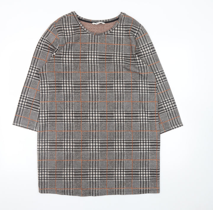 Tu Women Grey Check Shift Dress Size 14 3/4 Sleeve Workwear