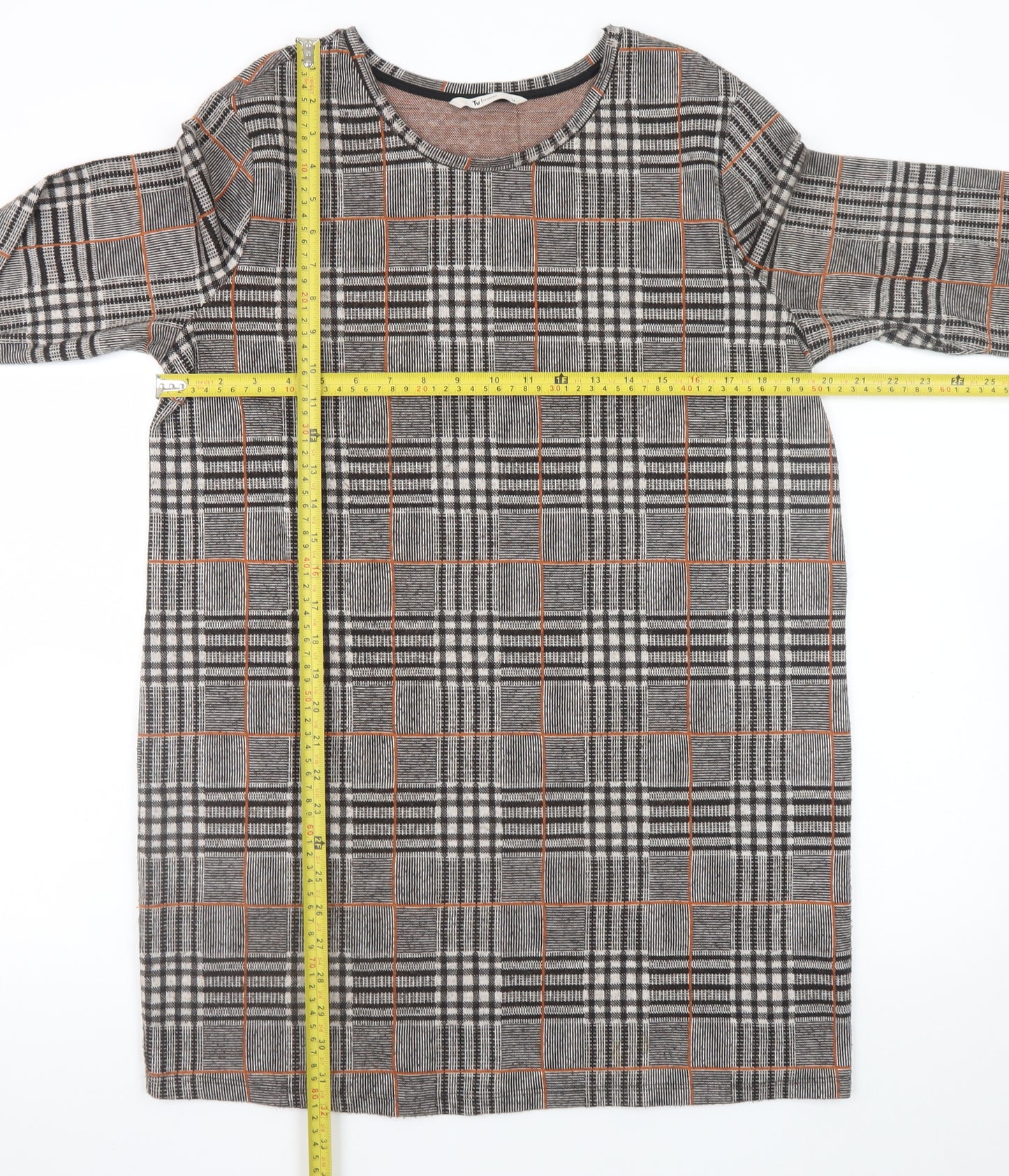 Tu Women Grey Check Shift Dress Size 14 3/4 Sleeve Workwear