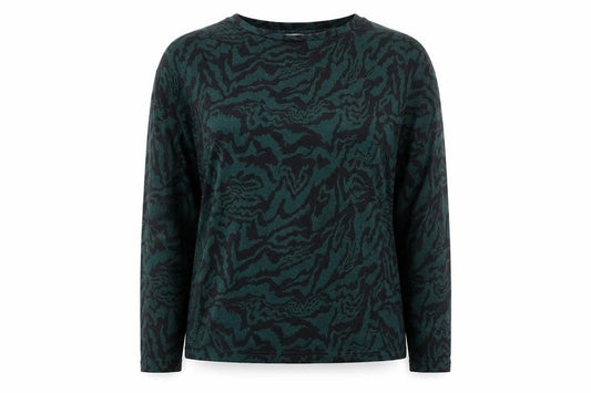 Front view of b.young women’s green black long sleeve jersey top, size S