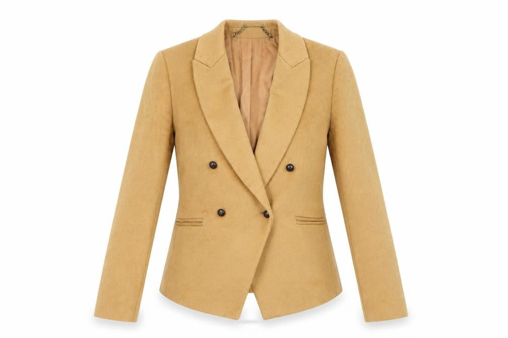 Front view of Hobbs Women Beige Wool Double-Breasted Blazer Jacket UK 10